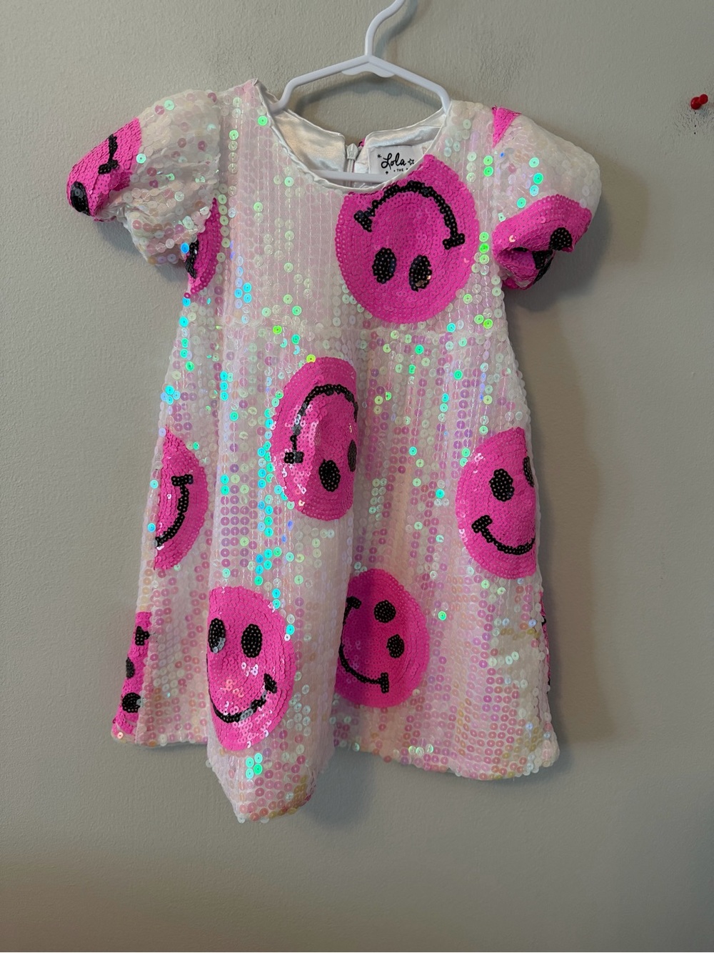 Lola + The Boys White Sequin Dress with Hot Pink Smiley Faces